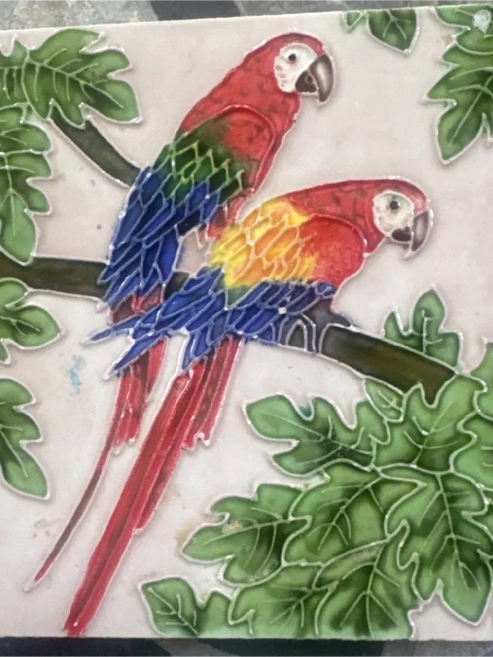 Hand-Painted Ceramic Parrot Tile Wall Art - Red, Blue, Green 6x6